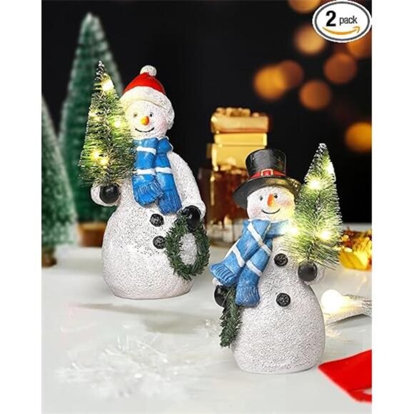 Resin Snowmen Figurines with Lighted Christmas Tree and Wreath 5'' - Set of 2 - Picture 7 of 7